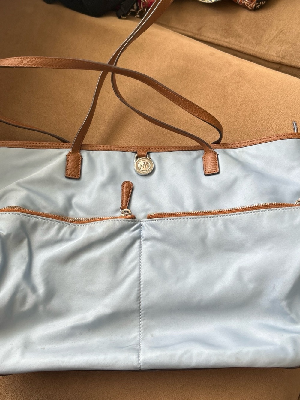 Michael Kors Pale Blue Tote with Brown Trim